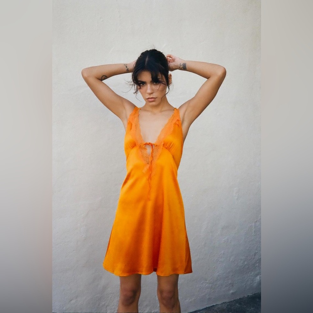 Zara orange satin lace mini dress